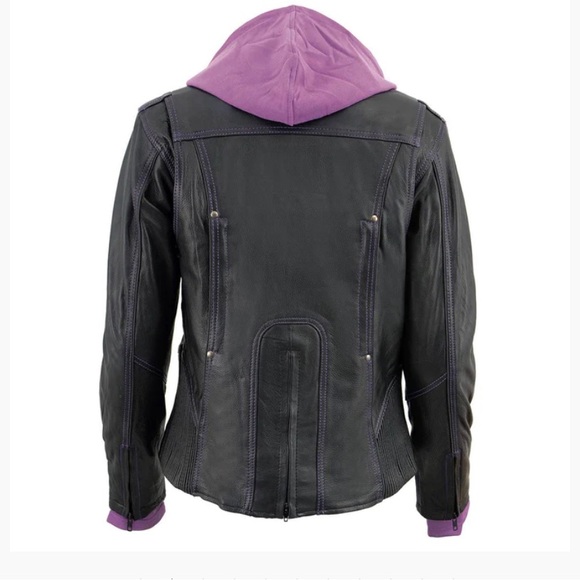 Leather Women's Black and Purple Leather Hoodie Jacket with Reflective Design - Picture 2 of 5
